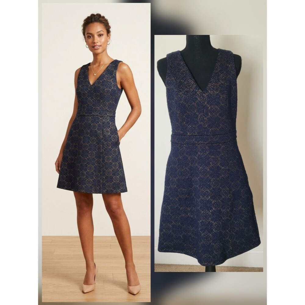Michael Kors Medallion Jacquard Dress Classic Prep Cocktail Navy & Gold Size M